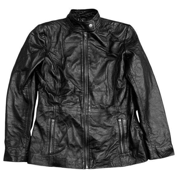 EXCELLED • Women’s Black Leather Biker Motorcycle Vintage Jacket - Picture 4 of 9